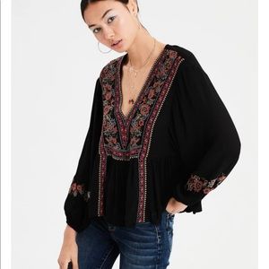 AEO Black Floral Embroidered V-Neck Top Balloon Sleeves - XS